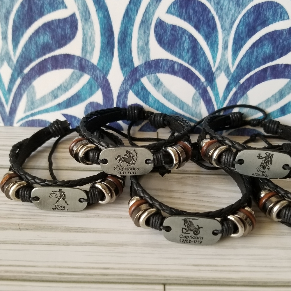 Zodiac Sign Men Women Braided Black Cuff Leather Alloy New